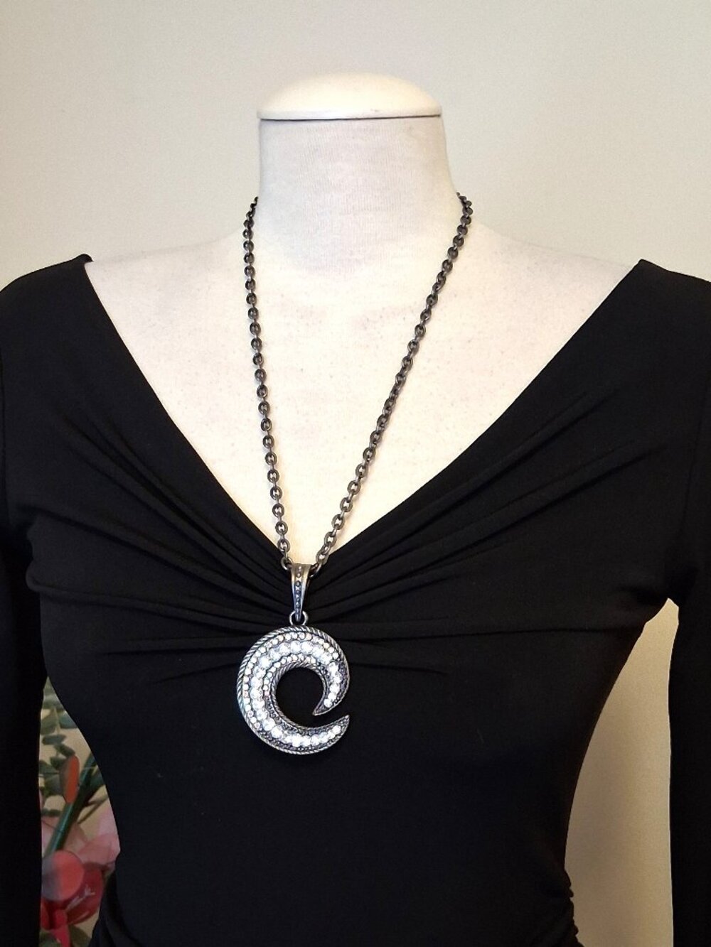 Vintage Chunky Large Clear Crystal Moon Shaped Pendant Thick Heavy VTG Necklace